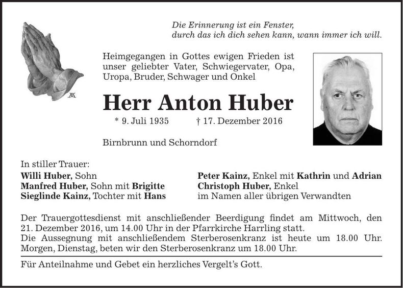 Traueranzeige Anton Huber