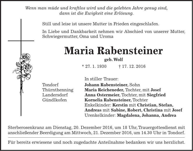 Traueranzeige Maria Rabensteiner