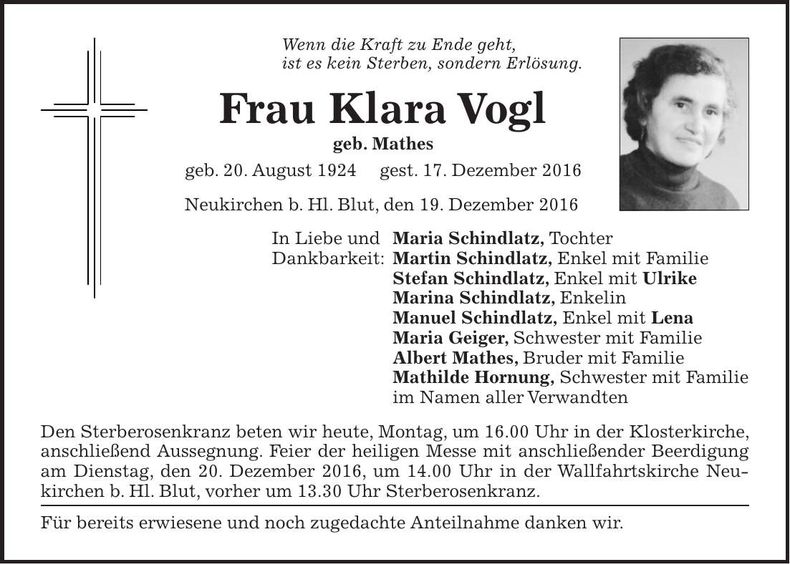 Traueranzeige Klara Vogl