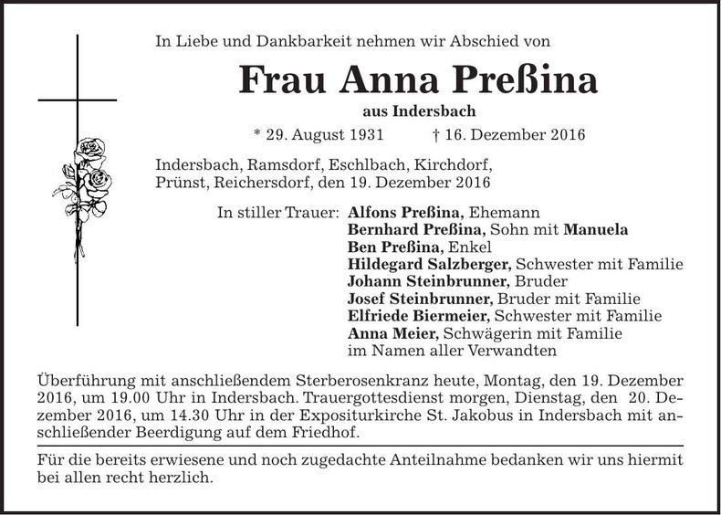Traueranzeige Anna Preßina