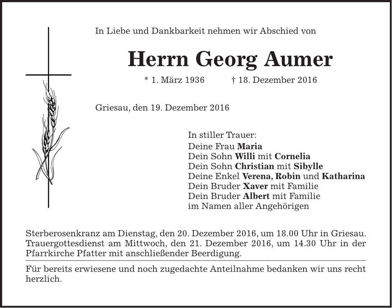 Traueranzeige Georg Aumer