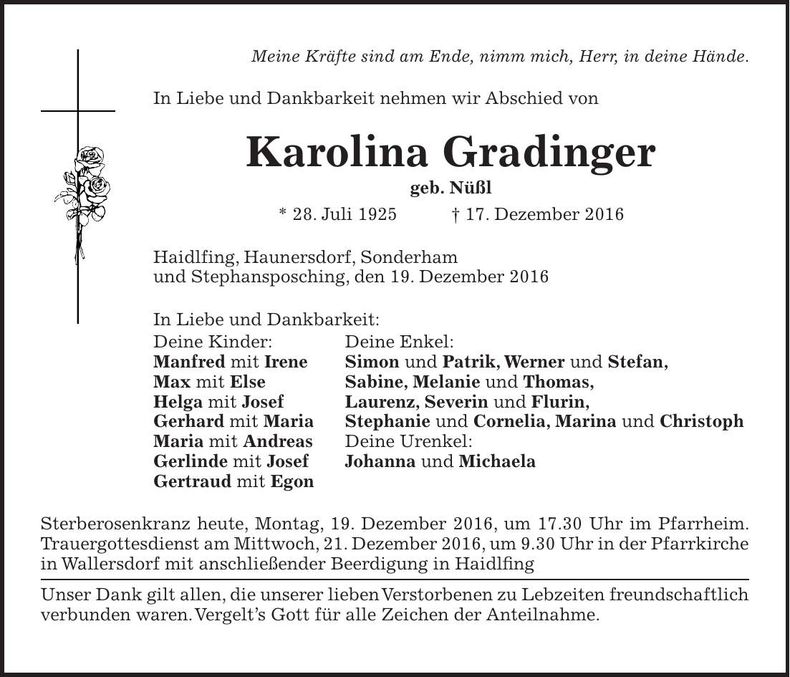 Traueranzeige Karolina Gradinger