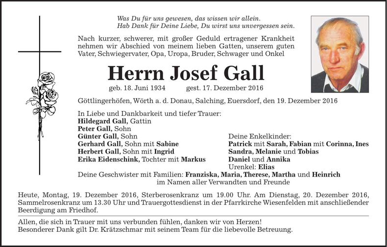 Traueranzeige Josef Gall