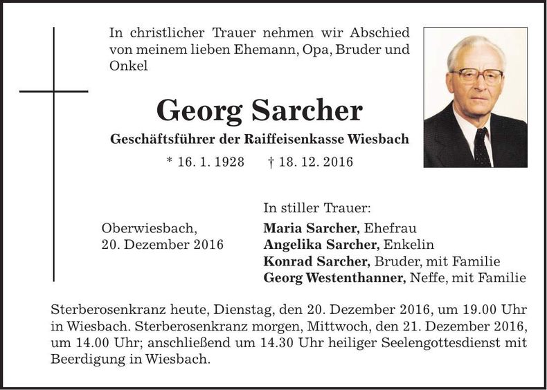 Traueranzeige Georg Sarcher