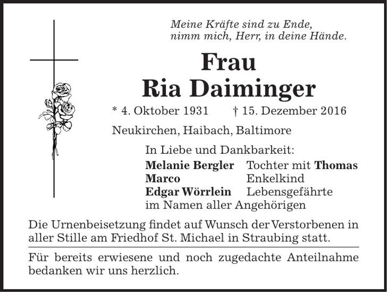 Traueranzeige Ria Daiminger
