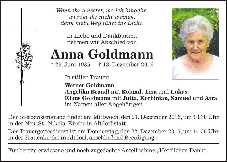 Traueranzeige Anna Goldmann