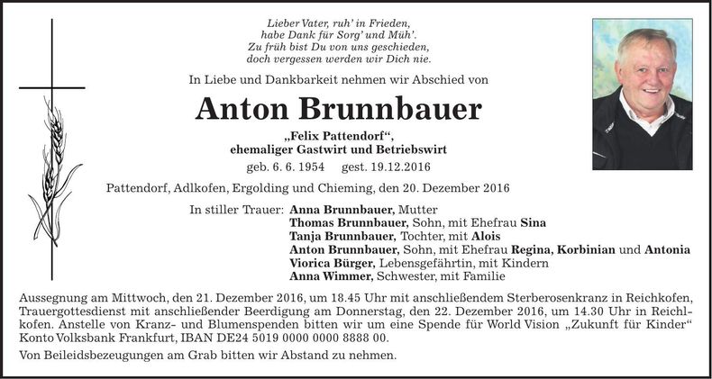 Traueranzeige Anton Brunnbauer