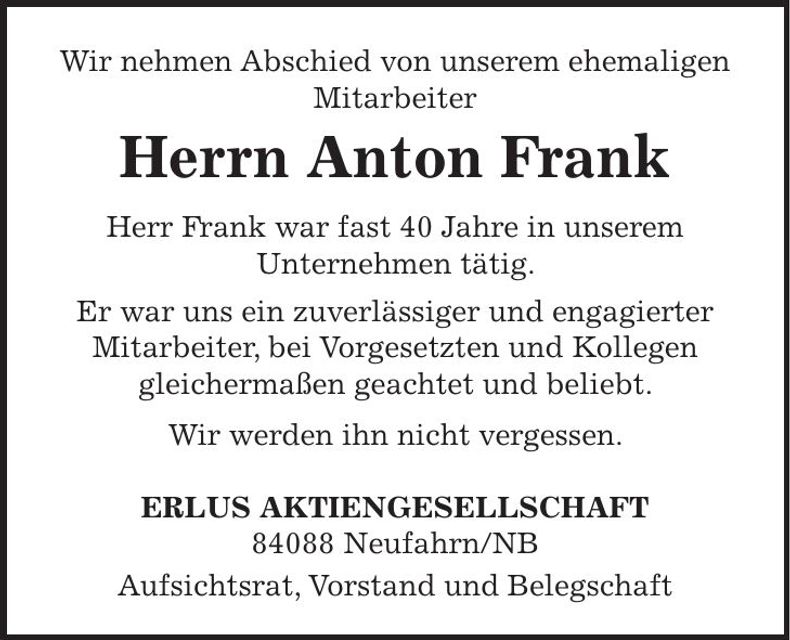 Traueranzeige Anton Frank