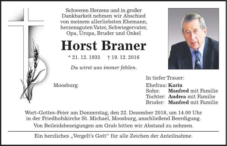 Traueranzeige Horst Braner