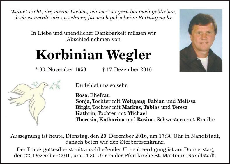 Traueranzeige Korbinian Wegler