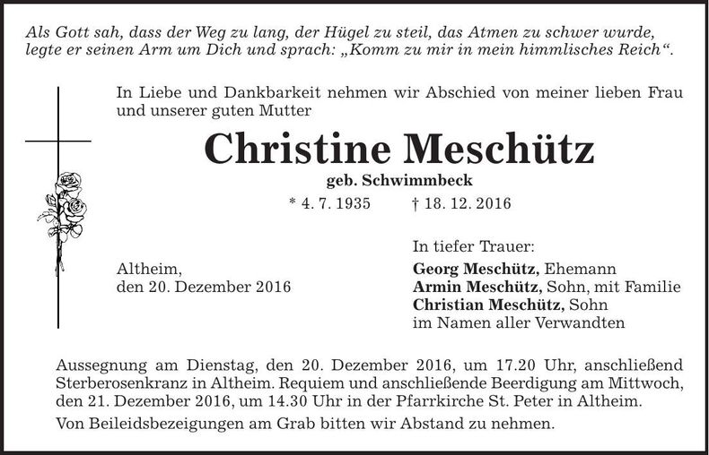 Traueranzeige Christine Meschütz