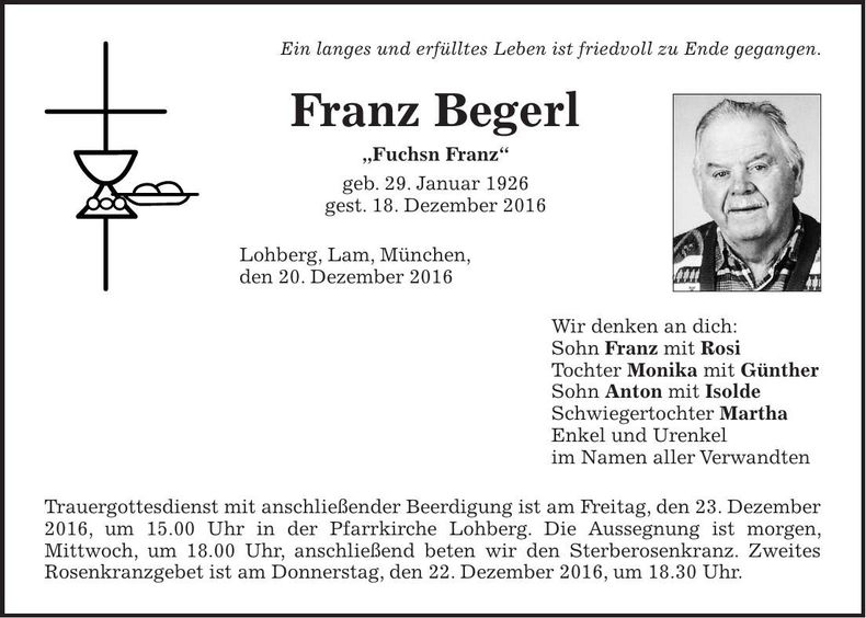 Traueranzeige Franz Begerl