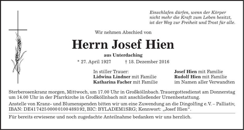 Traueranzeige Josef Hien