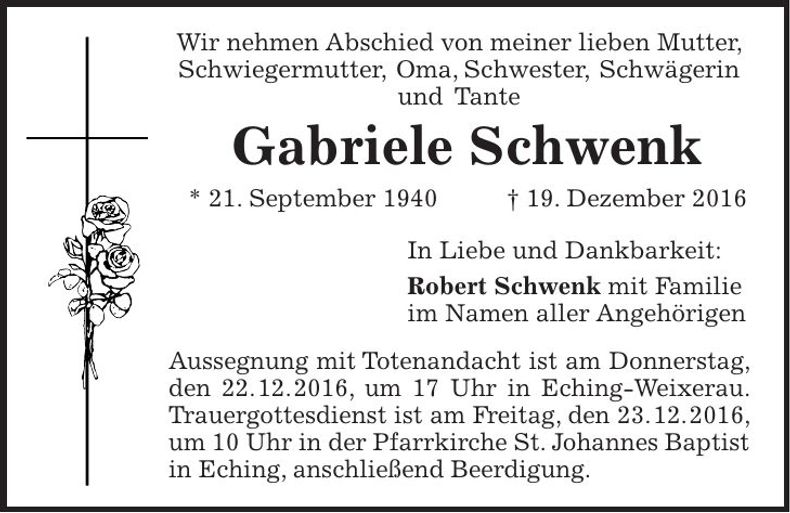 Traueranzeige Gabriele Schwenk