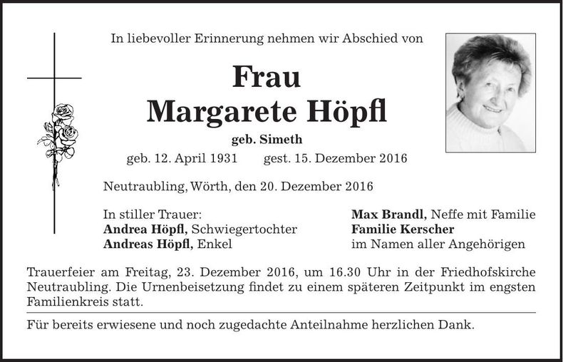 Traueranzeige Margarete Höpfl
