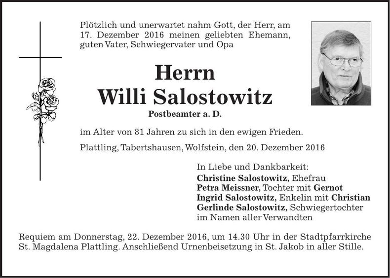 Traueranzeige Willi Salostowitz