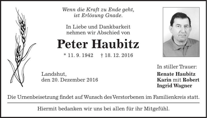 Traueranzeige Peter Haubitz