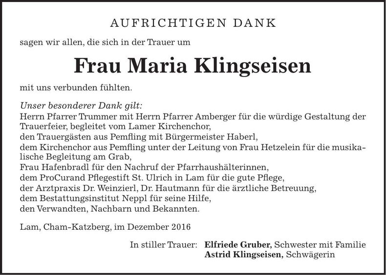 Traueranzeige Maria Klingseisen