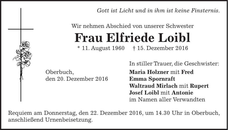 Traueranzeige Elfriede Loibl