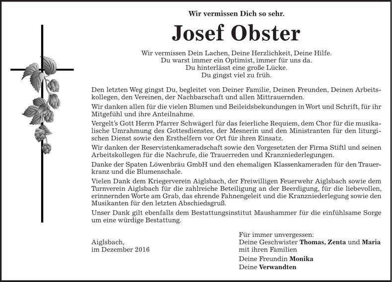 Traueranzeige Josef Obster