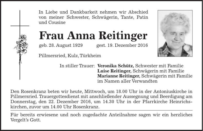 Traueranzeige Anita Reitinger