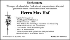 Traueranzeige Max Hof