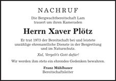 Traueranzeige Xaver Plötz