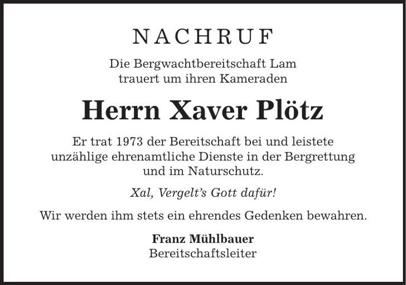 Traueranzeige Xaver Plötz