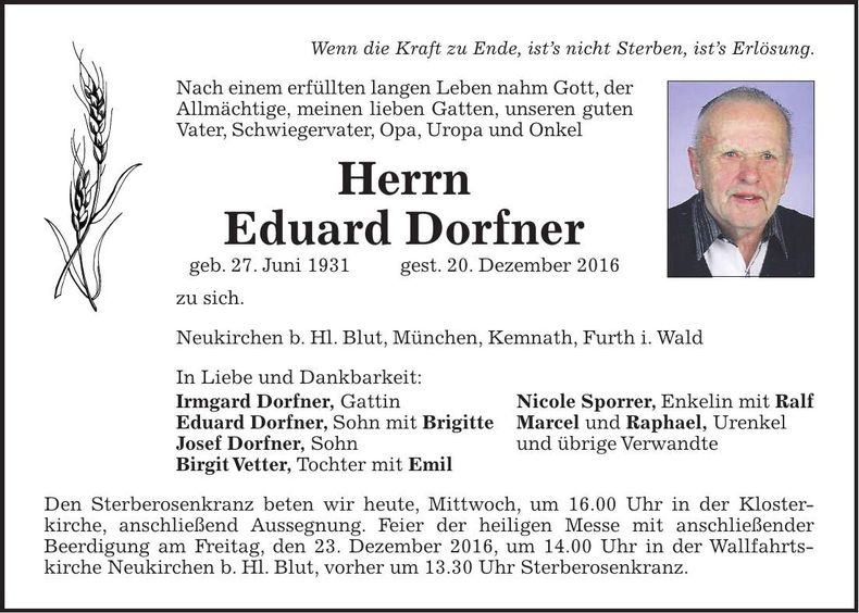 Traueranzeige Eduard Dorfner