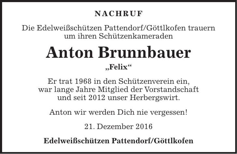 Traueranzeige Anton Brunnbauer
