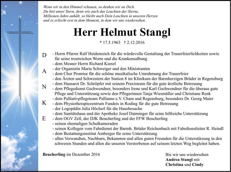 Traueranzeige Helmut Stangl