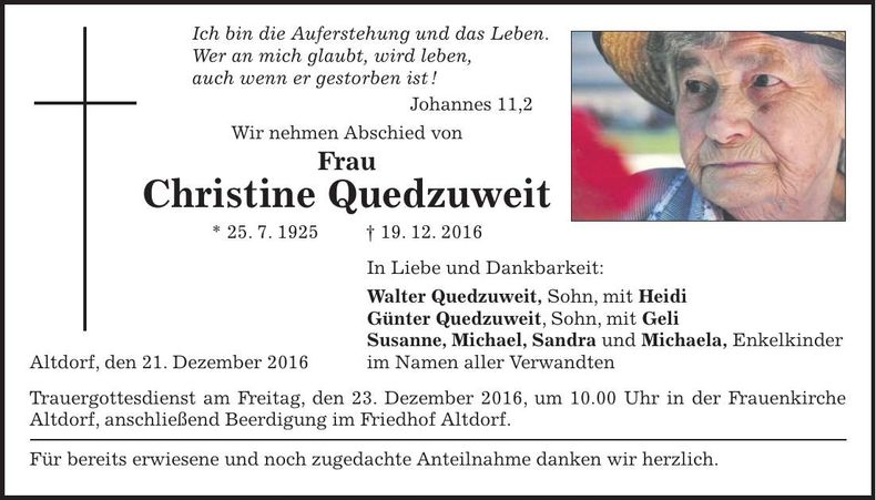 Traueranzeige Christine Quedzuweit