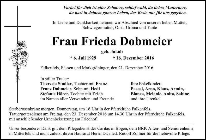 Traueranzeige Frieda Dobmeier