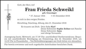 Traueranzeige Frieda Schweikl