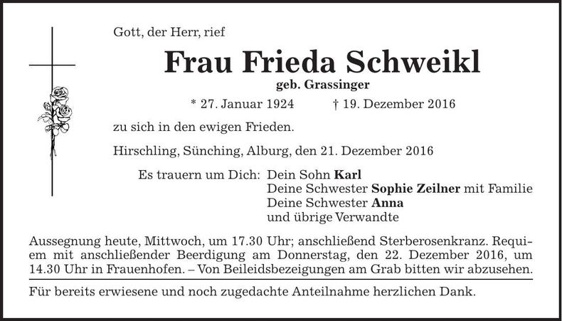 Traueranzeige Frieda Schweikl
