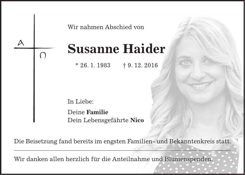 Traueranzeige Susanne Haider