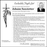 Traueranzeige Johann Saxstetter
