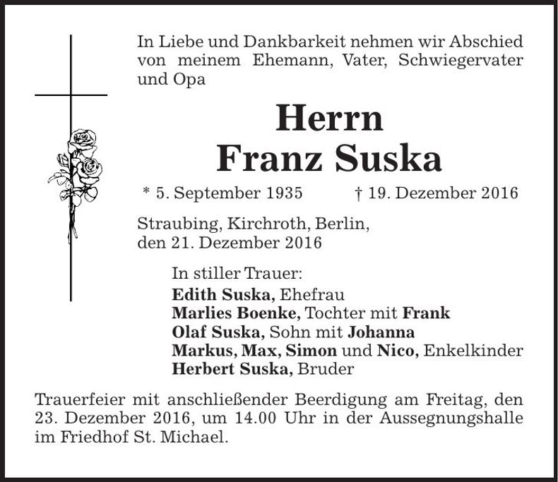 Traueranzeige Franz Suska