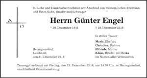 Traueranzeige Günter Engel