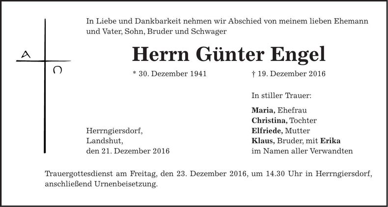 Traueranzeige Günter Engel