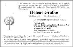 Traueranzeige Helene Grußie