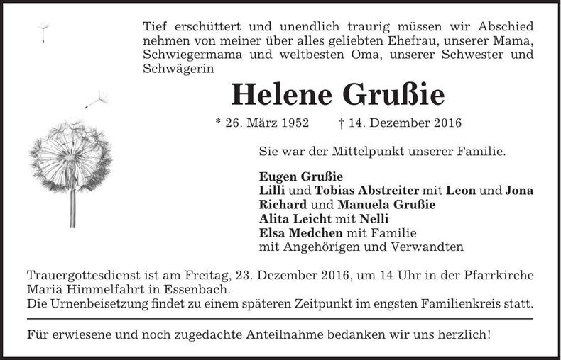 Traueranzeige Helene Grußie