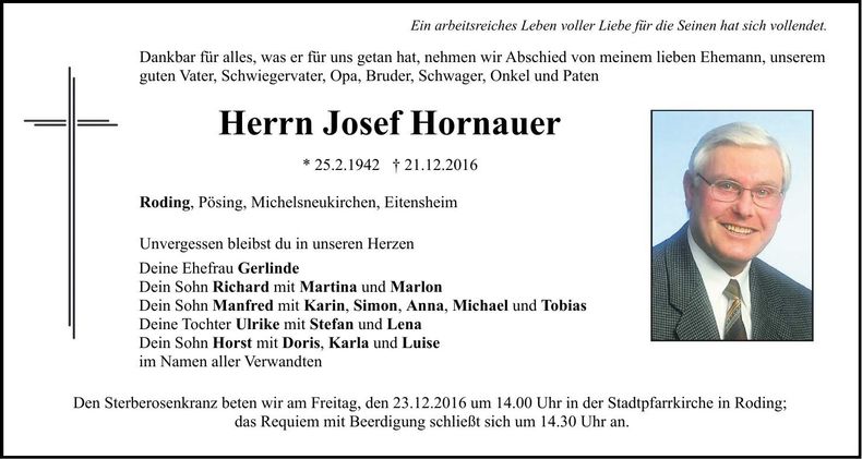 Traueranzeige Josef Hornauer