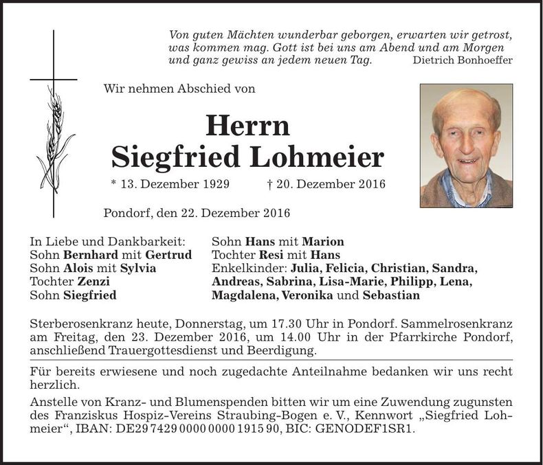 Traueranzeige Siegfried Lohmeier