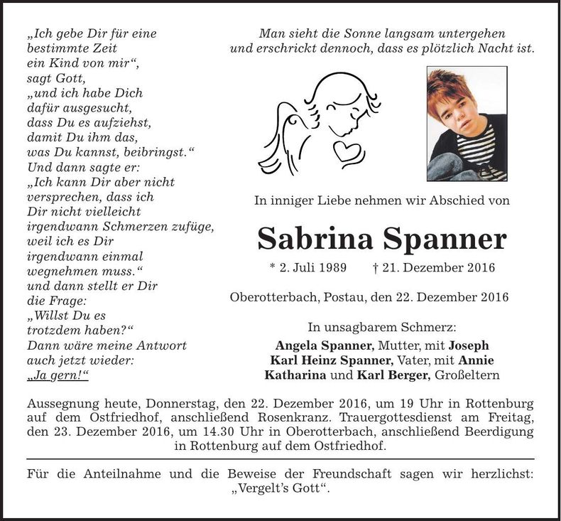Traueranzeige Sabrina Spanner