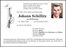 Traueranzeige Johann Schillitz