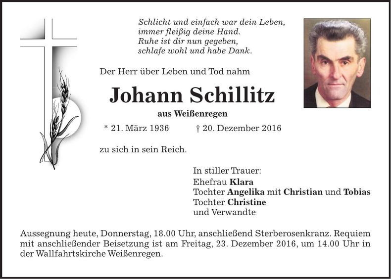 Traueranzeige Johann Schillitz