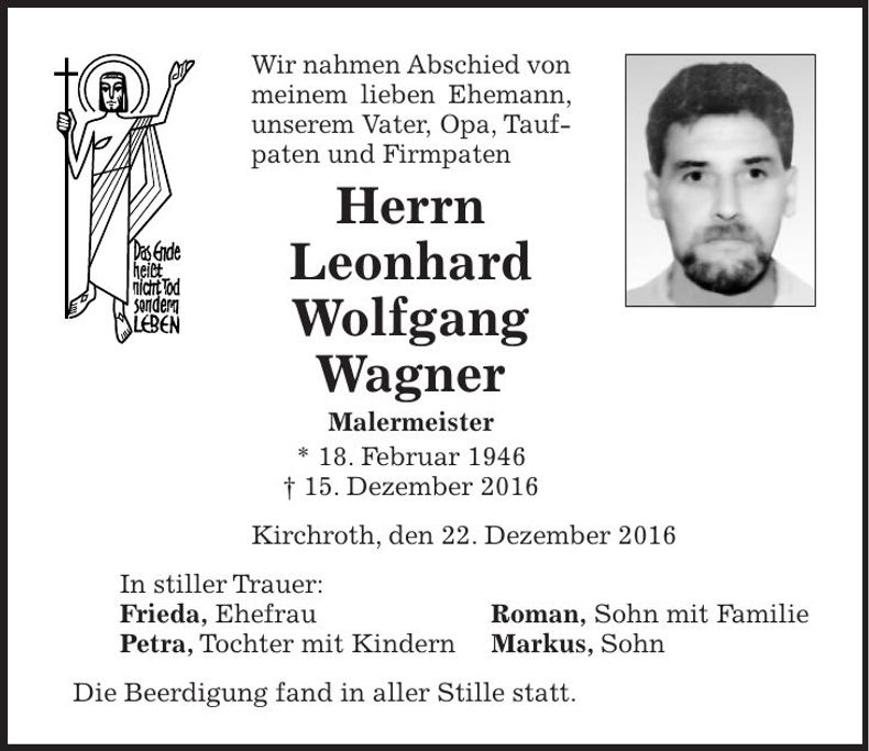 Traueranzeige Leonhard Wolfgang Wagner