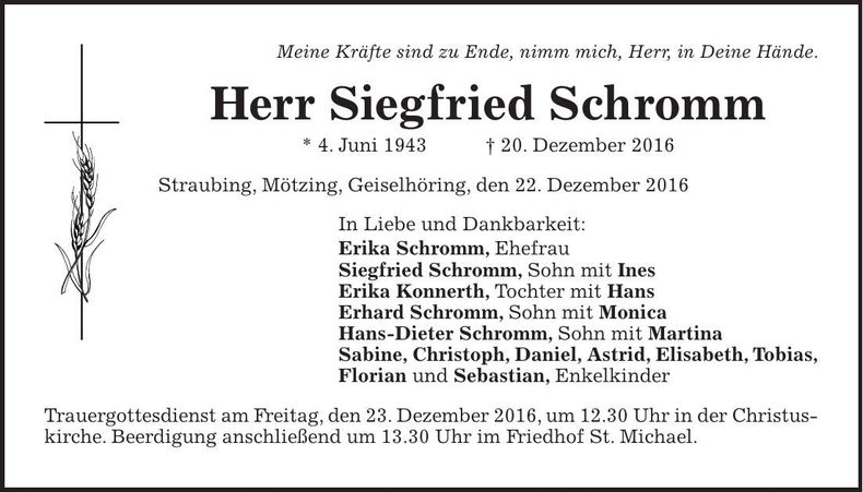 Traueranzeige Siegfried Schromm