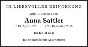 Traueranzeige Anna Sattler